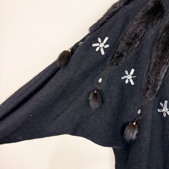 Vintage Rockabilly Retro Black Wool Fur Sweater Cardigan Beaded Size Large - Picture 5 of 9